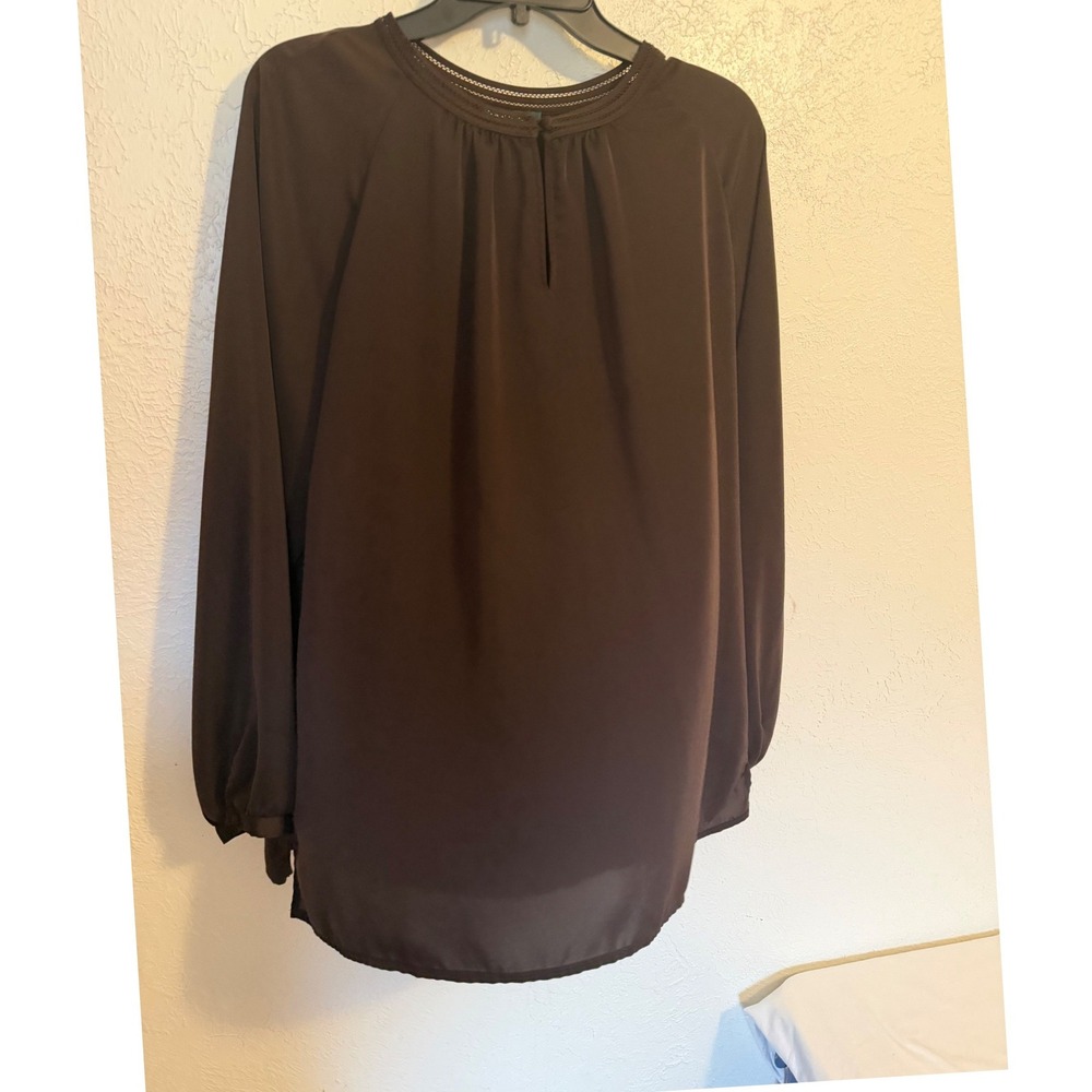 Lauren Ralph Lauren Brown Pleated Keyhole Blouse XL Long Sleeve Ladder Trim